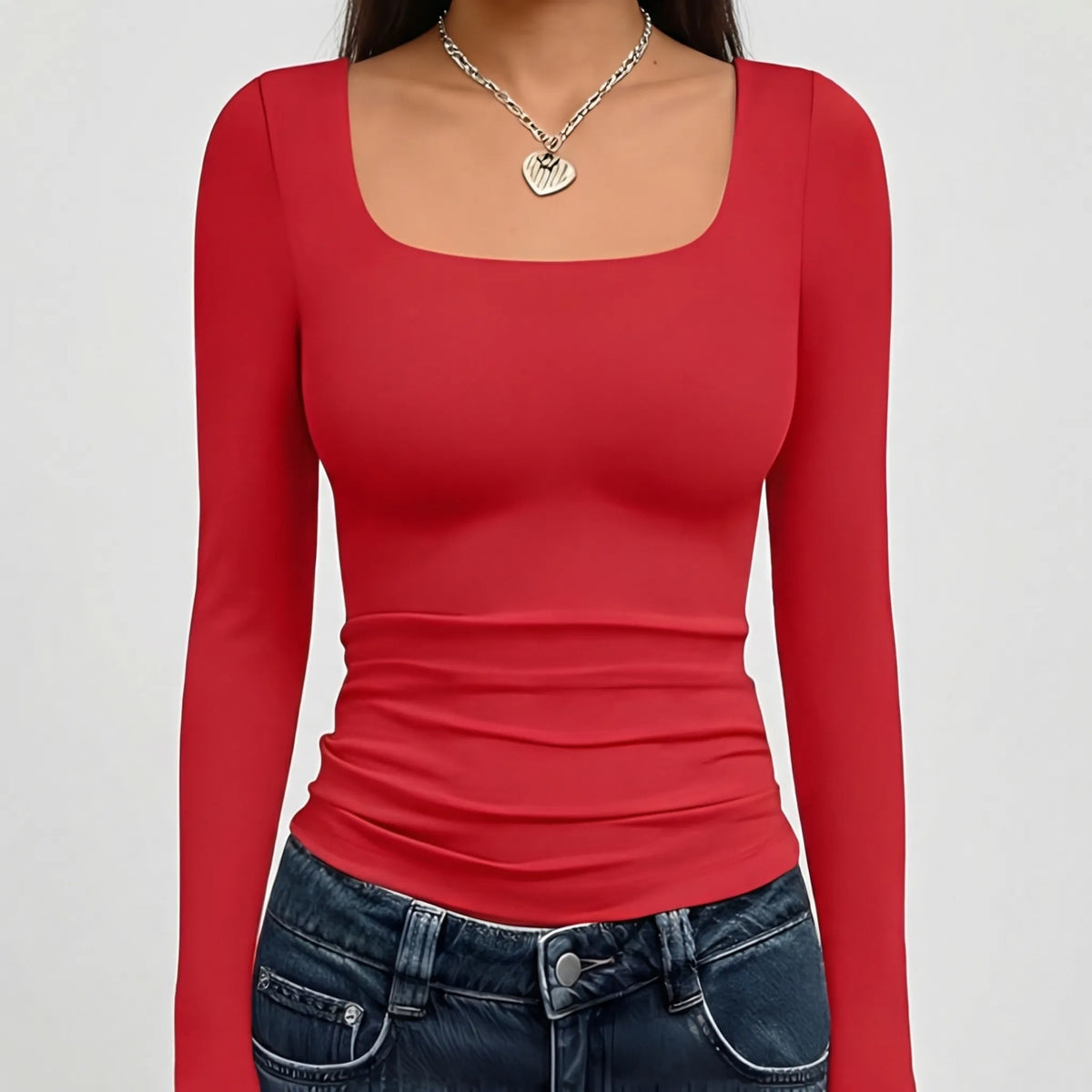 Crop Top Square Neck Long Sleeve Four-Way Stretch
