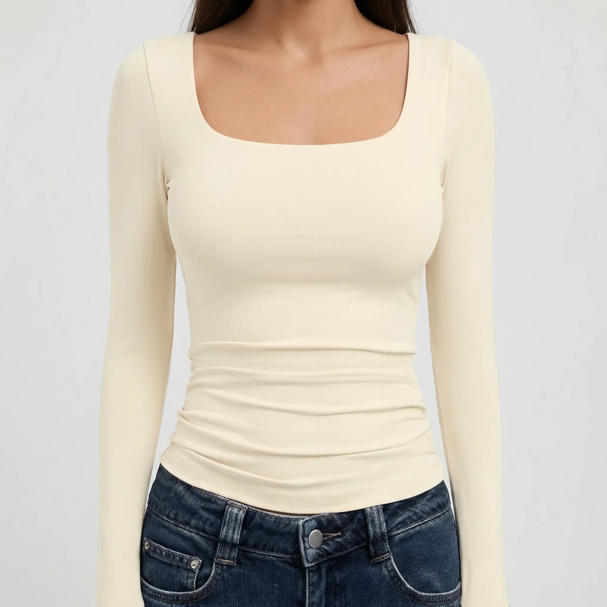 Crop Top Square Neck Long Sleeve Four-Way Stretch