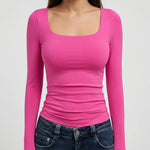 Crop Top Square Neck Long Sleeve Four-Way Stretch