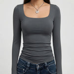 Crop Top Square Neck Long Sleeve Four-Way Stretch