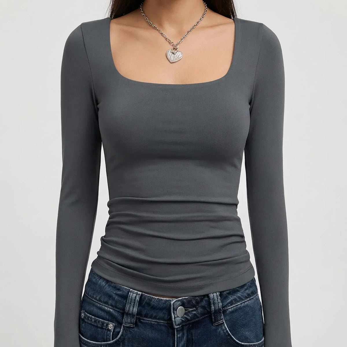 Crop Top Square Neck Long Sleeve Four-Way Stretch