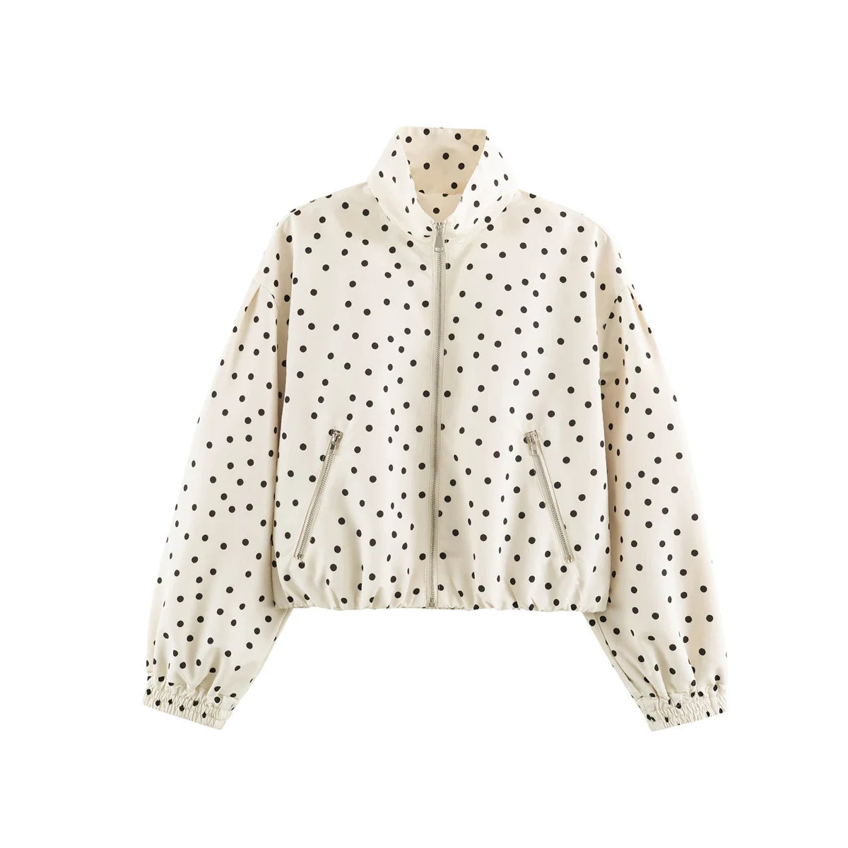 Cropped Bomber Jacket Polka Dot Lightweight Zip Pockets
