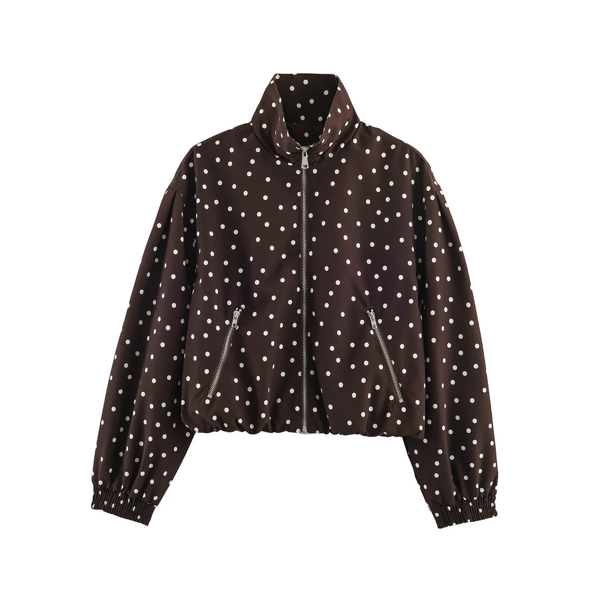 Cropped Bomber Jacket Polka Dot Lightweight Zip Pockets
