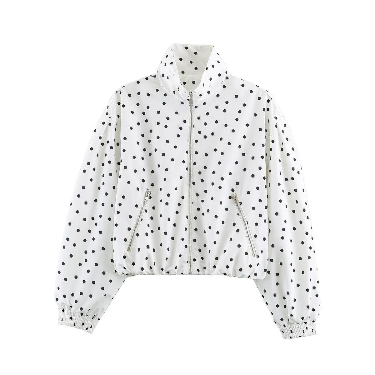 Cropped Bomber Jacket Polka Dot Lightweight Zip Pockets