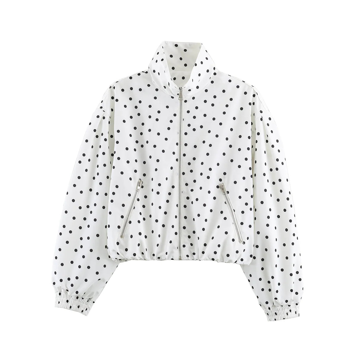 Cropped Bomber Jacket Polka Dot Lightweight Zip Pockets