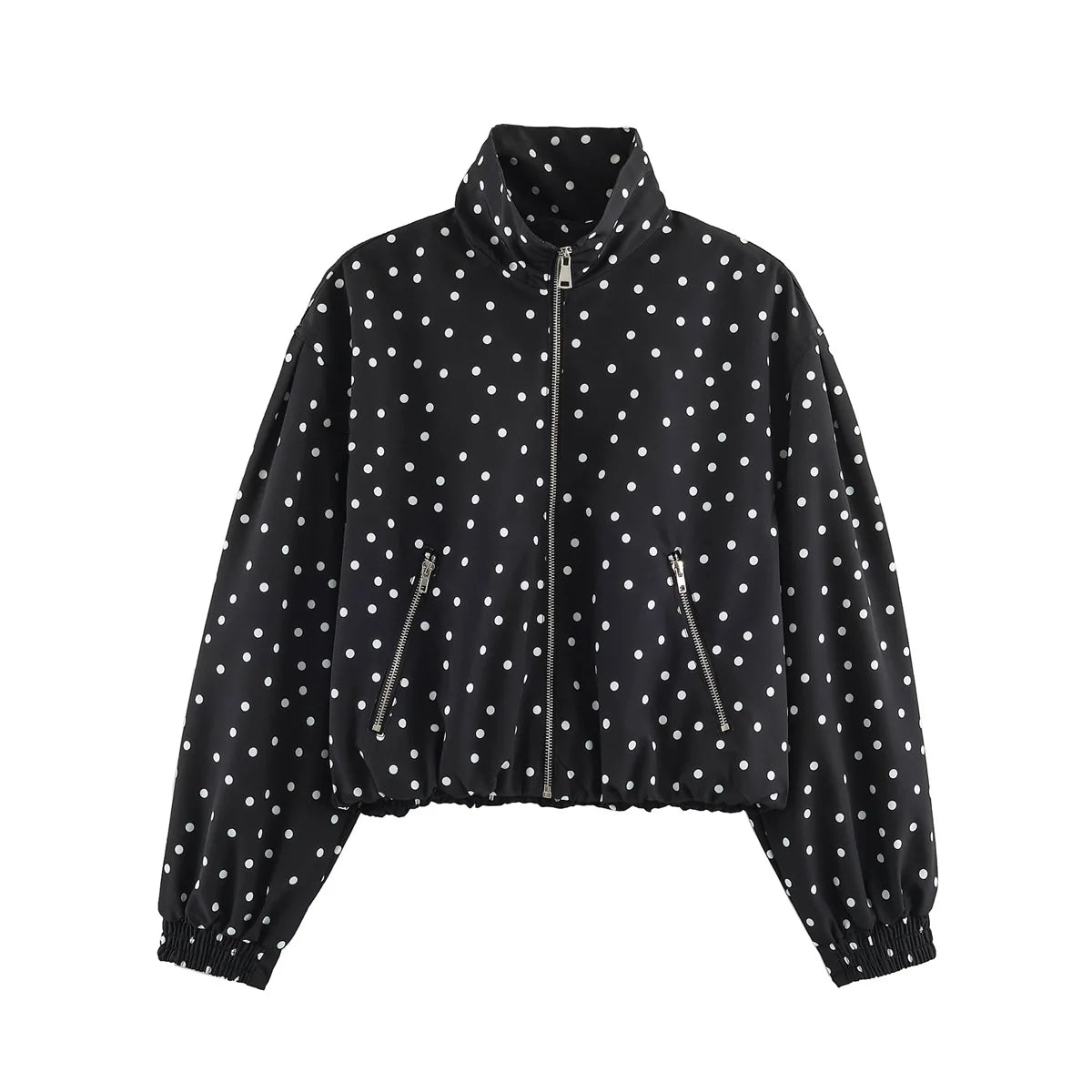 Cropped Bomber Jacket Polka Dot Lightweight Zip Pockets