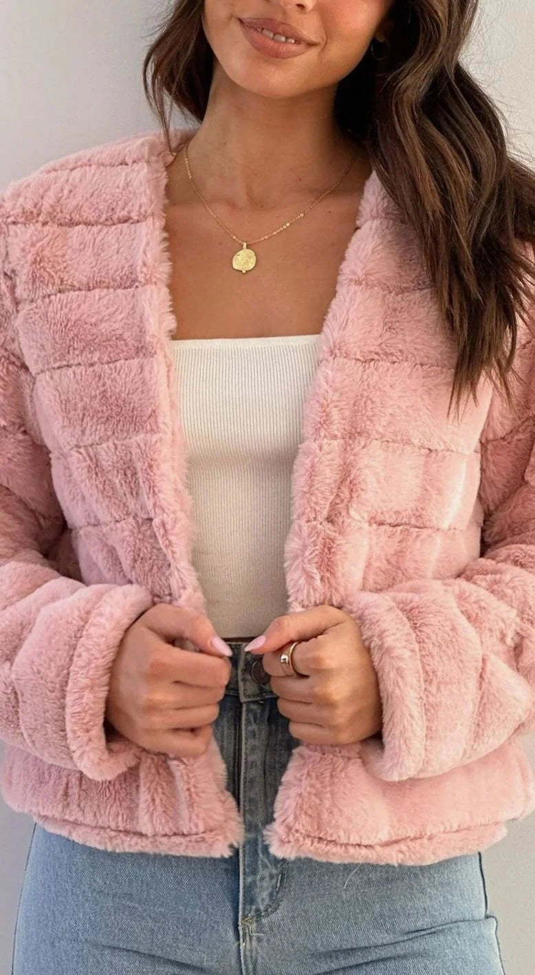 Cropped Jacket Plush Faux Fur Open Front TTS:VEVENT