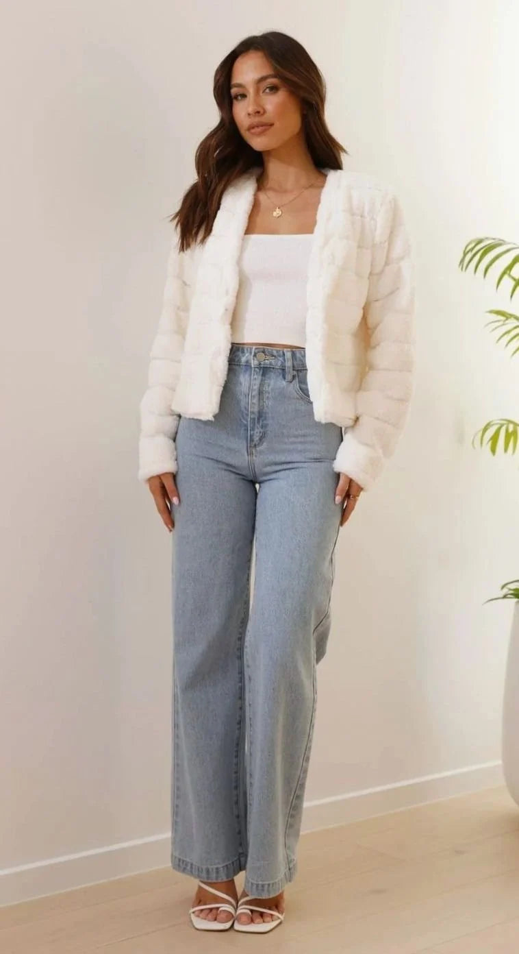 Cropped Jacket Plush Faux Fur Open Front TTS:VEVENT