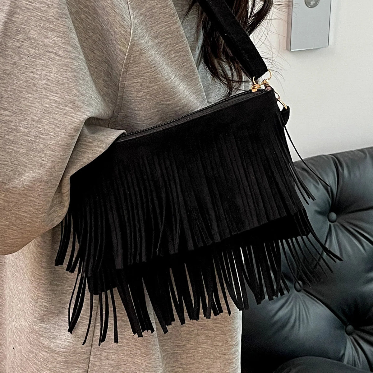 Crossbody Bag Suede Fringe Adjustable Strap Zip Closure