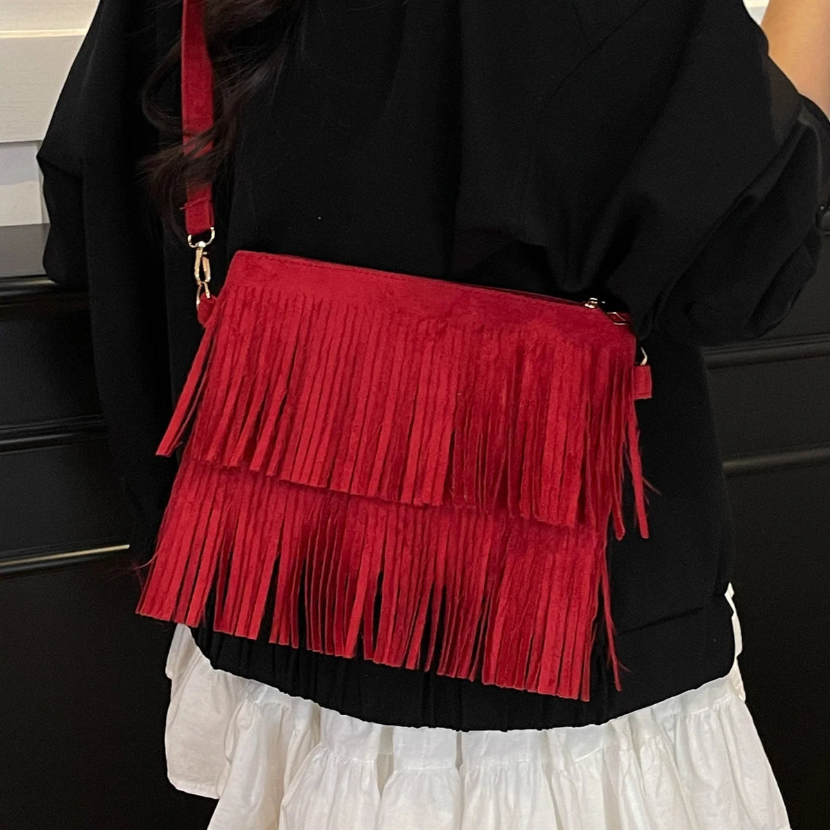 Crossbody Bag Suede Fringe Adjustable Strap Zip Closure