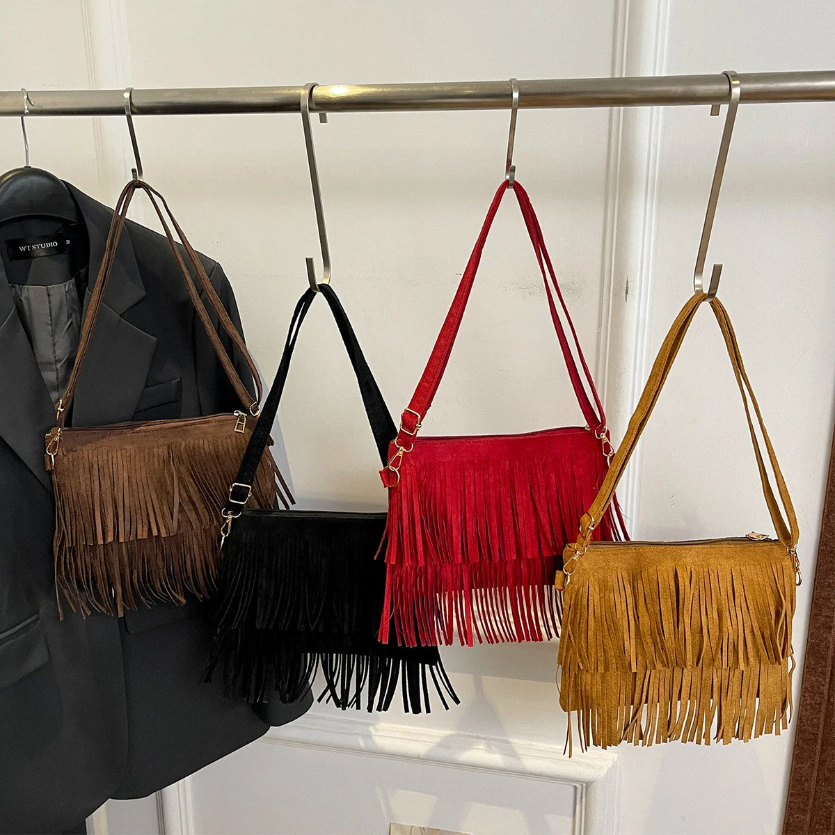 Crossbody Bag Suede Fringe Adjustable Strap Zip Closure