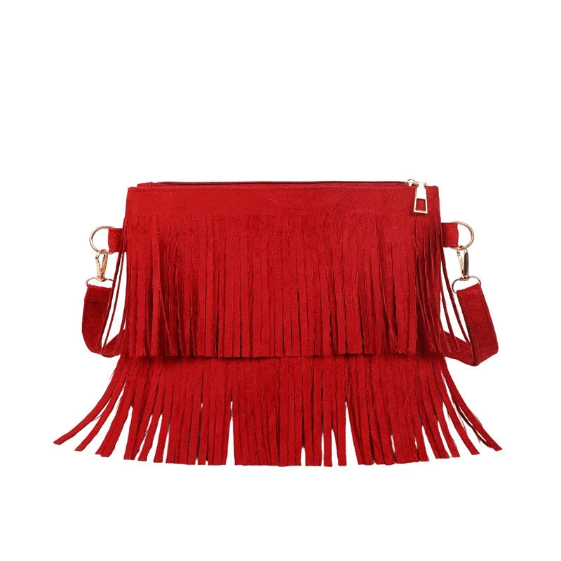 Crossbody Bag Suede Fringe Adjustable Strap Zip Closure
