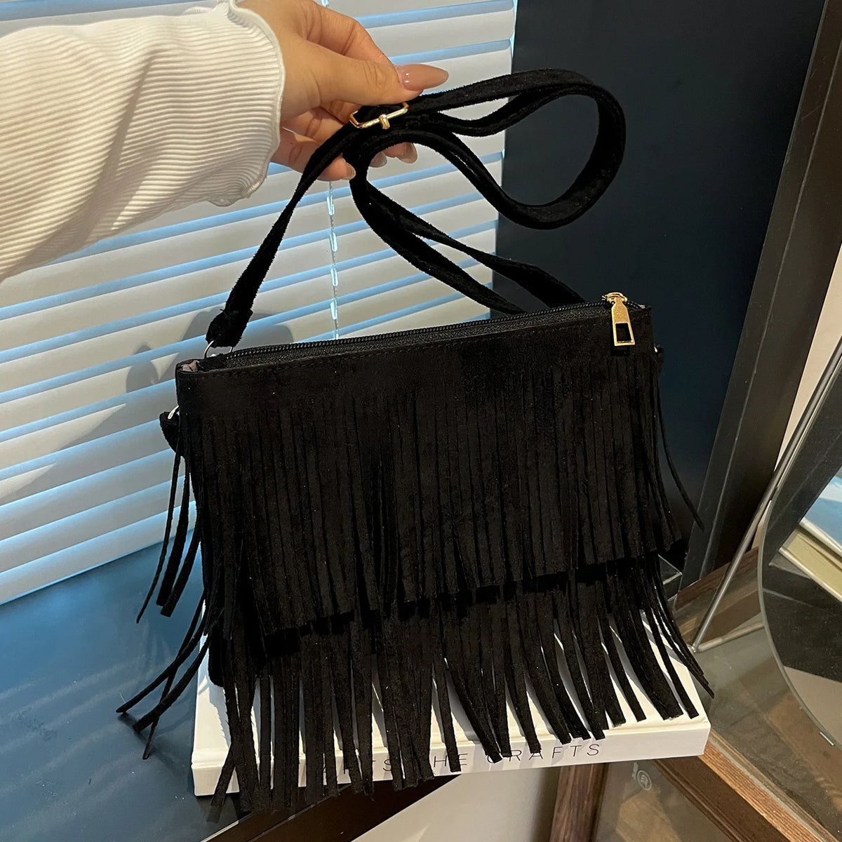 Crossbody Bag Suede Fringe Adjustable Strap Zip Closure