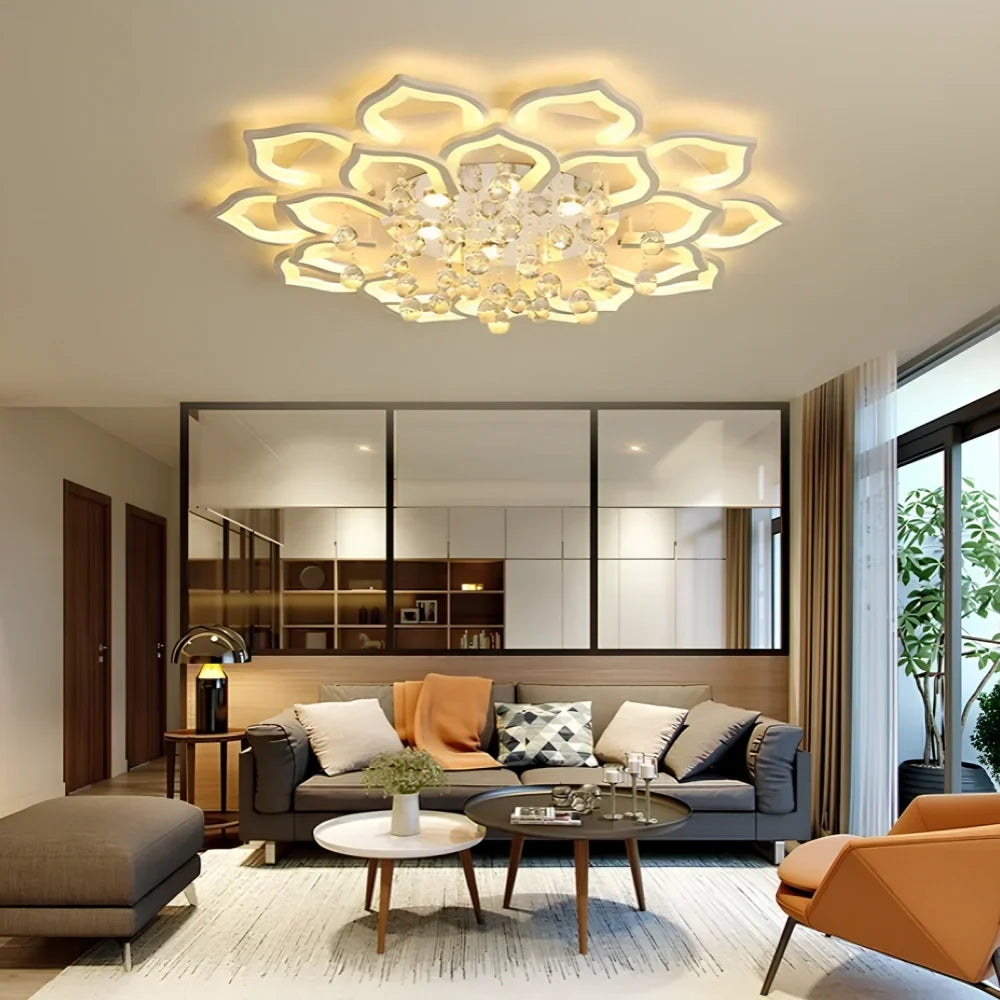 Crystal Chandelier Lotus Design Flush Mount Dimmable Remote Control