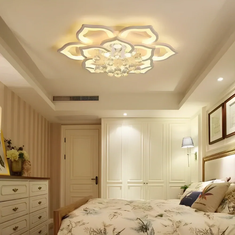 Crystal Chandelier Lotus Design Flush Mount Dimmable Remote Control