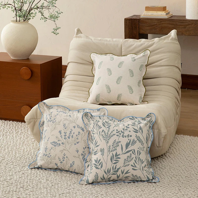 Cushion Cover Botanical Print Cotton Blend Wavy Edge