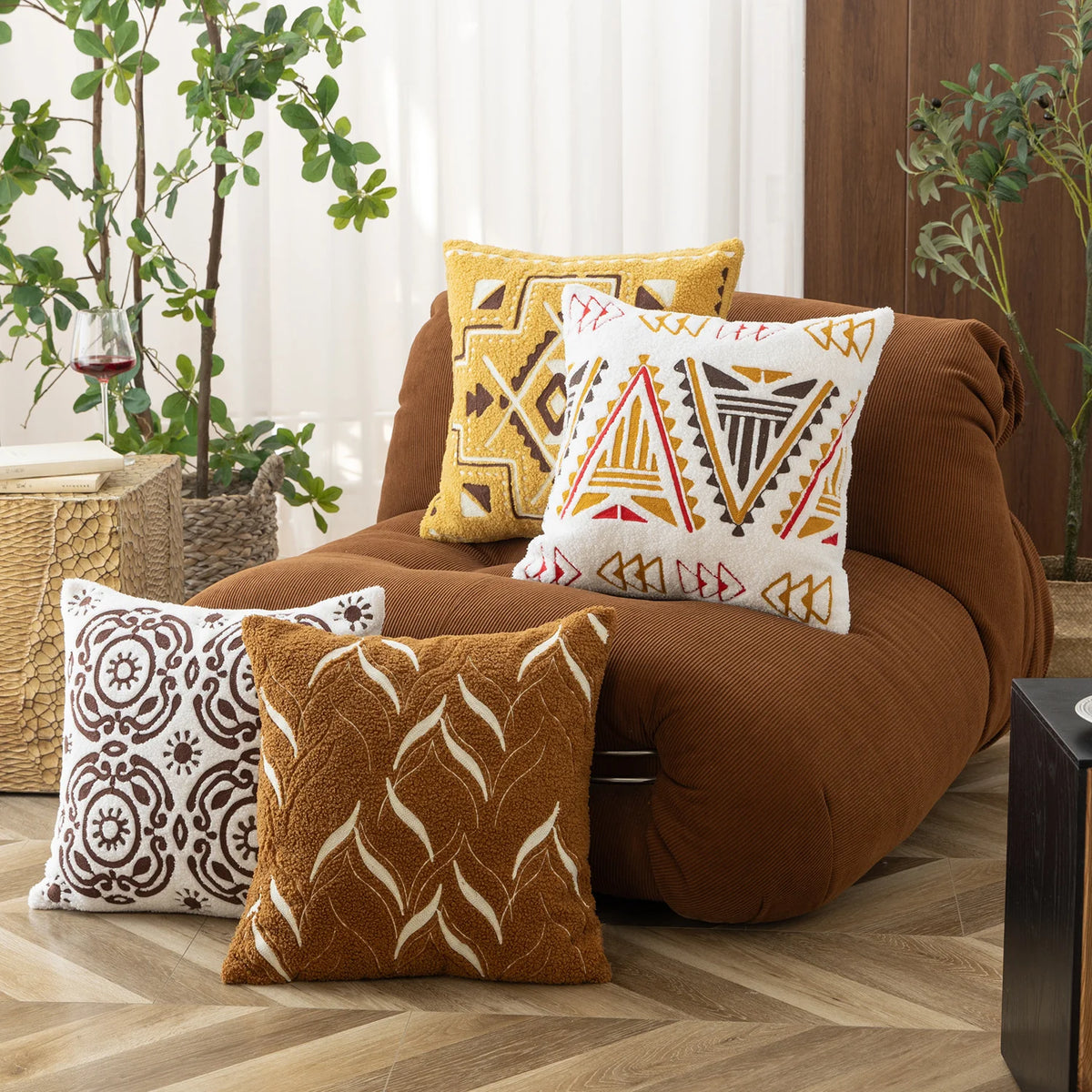 Cushion Cover Bouclé Embroidered Geometric 18 x 18