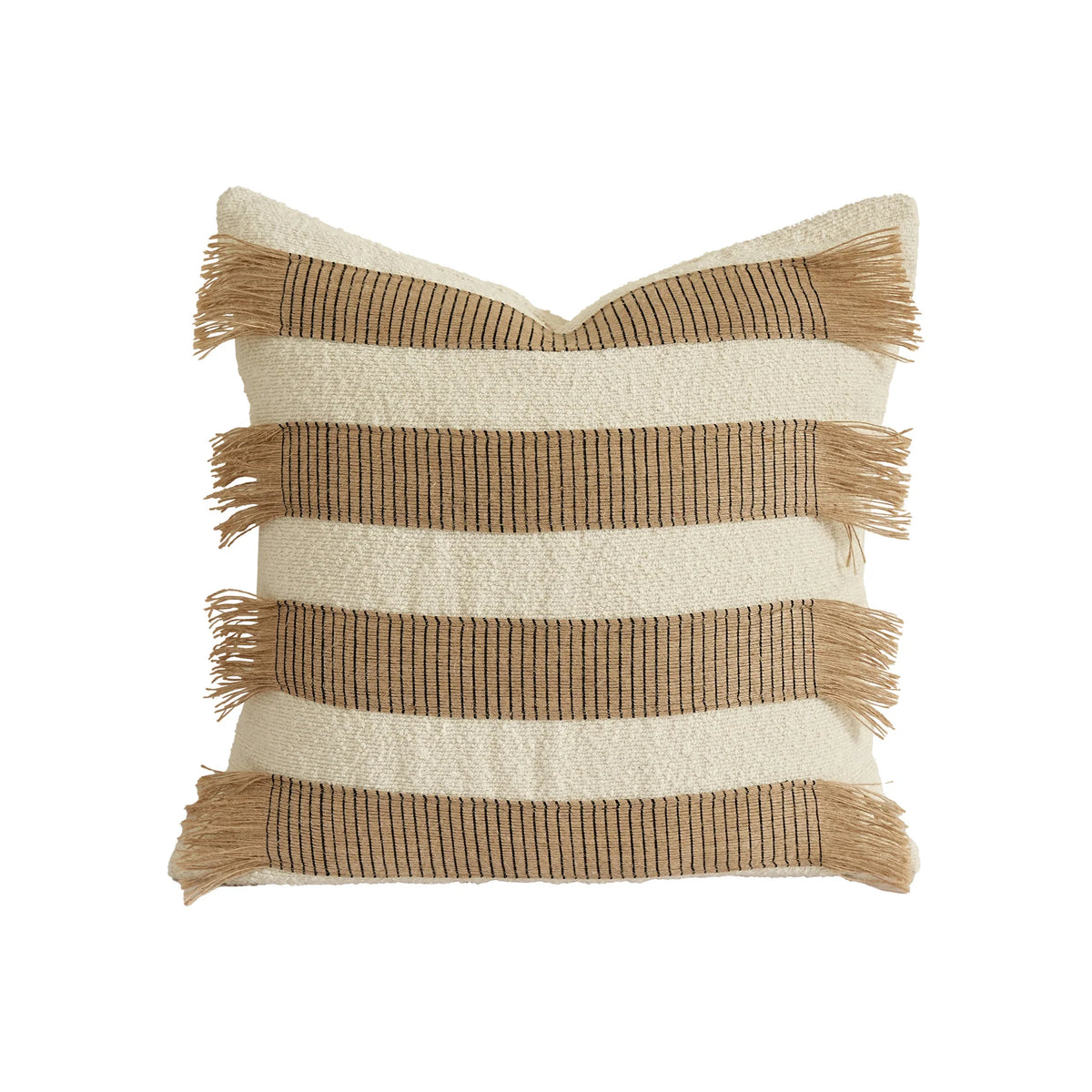 Cushion Cover Bouclé Jute Stripes & Fringes Concealed Zipper