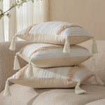 Cushion Cover Bouclé Striped Cotton Blend Corner Tassels