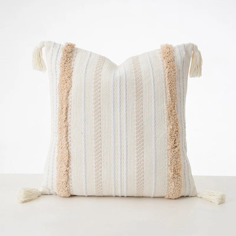 Cushion Cover Bouclé Striped Cotton Blend Corner Tassels