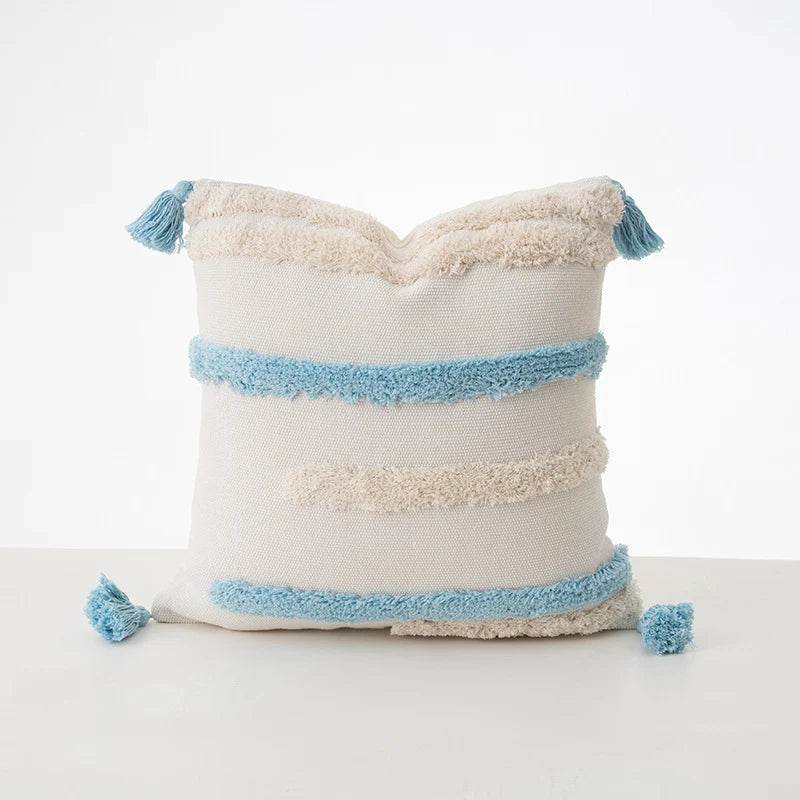Cushion Cover Bouclé Striped Cotton Blend Corner Tassels