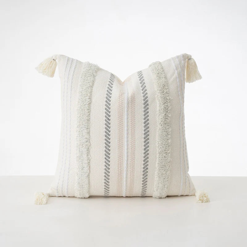 Cushion Cover Bouclé Striped Cotton Blend Corner Tassels