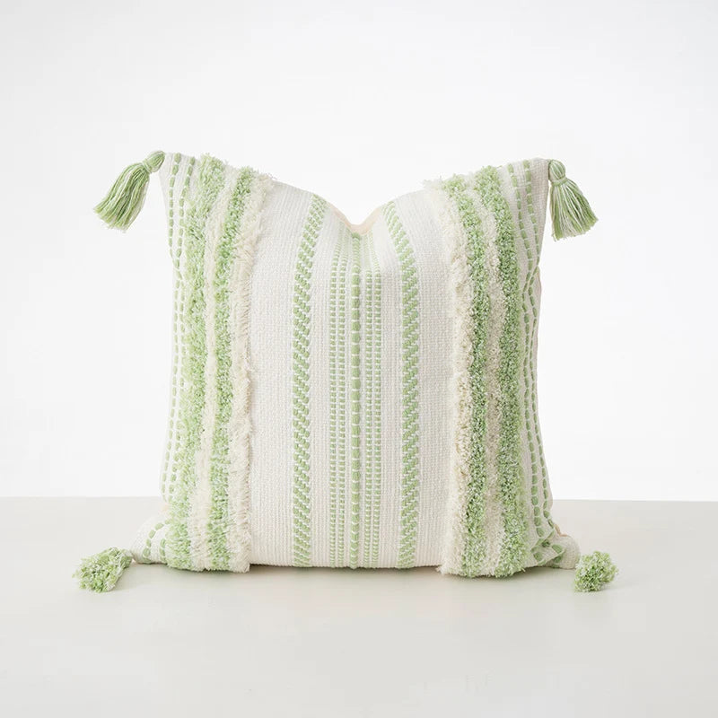 Cushion Cover Bouclé Striped Cotton Blend Corner Tassels
