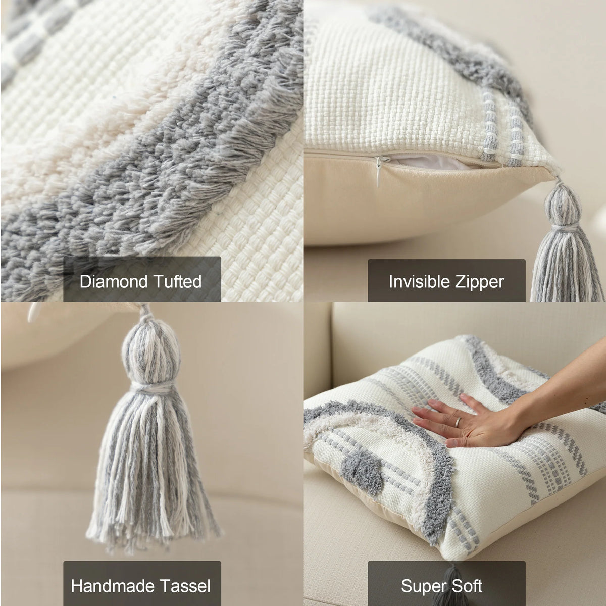 Cushion Cover Cotton Blend Semicircular Tuft & Concealed Zipper