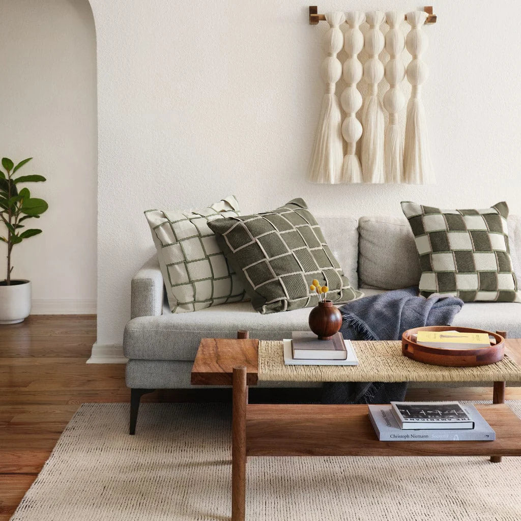 Cushion Cover Cotton-Linen Woven Grid Piping & Concealed Zipper