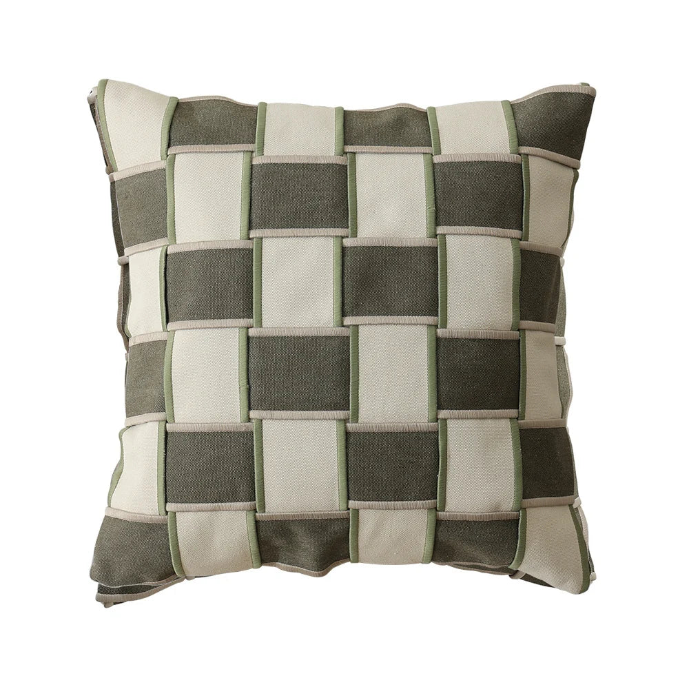 Cushion Cover Cotton-Linen Woven Grid Piping & Concealed Zipper