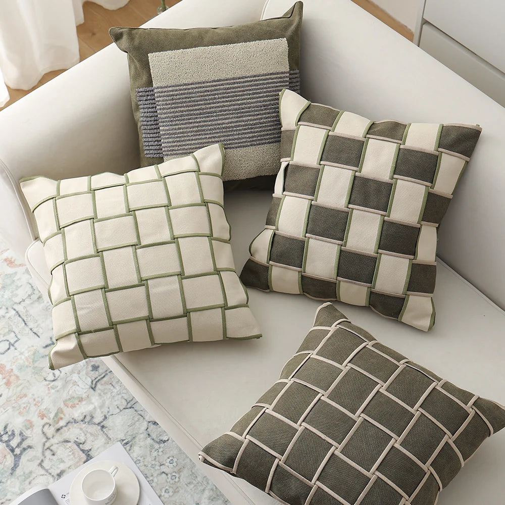 Cushion Cover Cotton-Linen Woven Grid Piping & Concealed Zipper