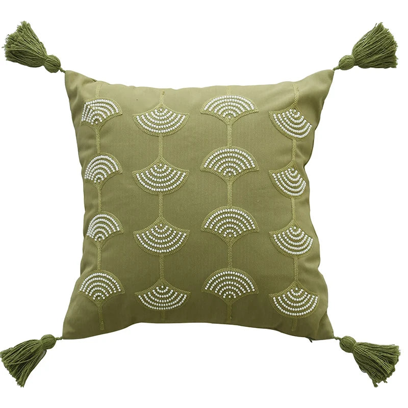 Cushion Cover Embroidered Fan Motif Tassels Cotton Blend