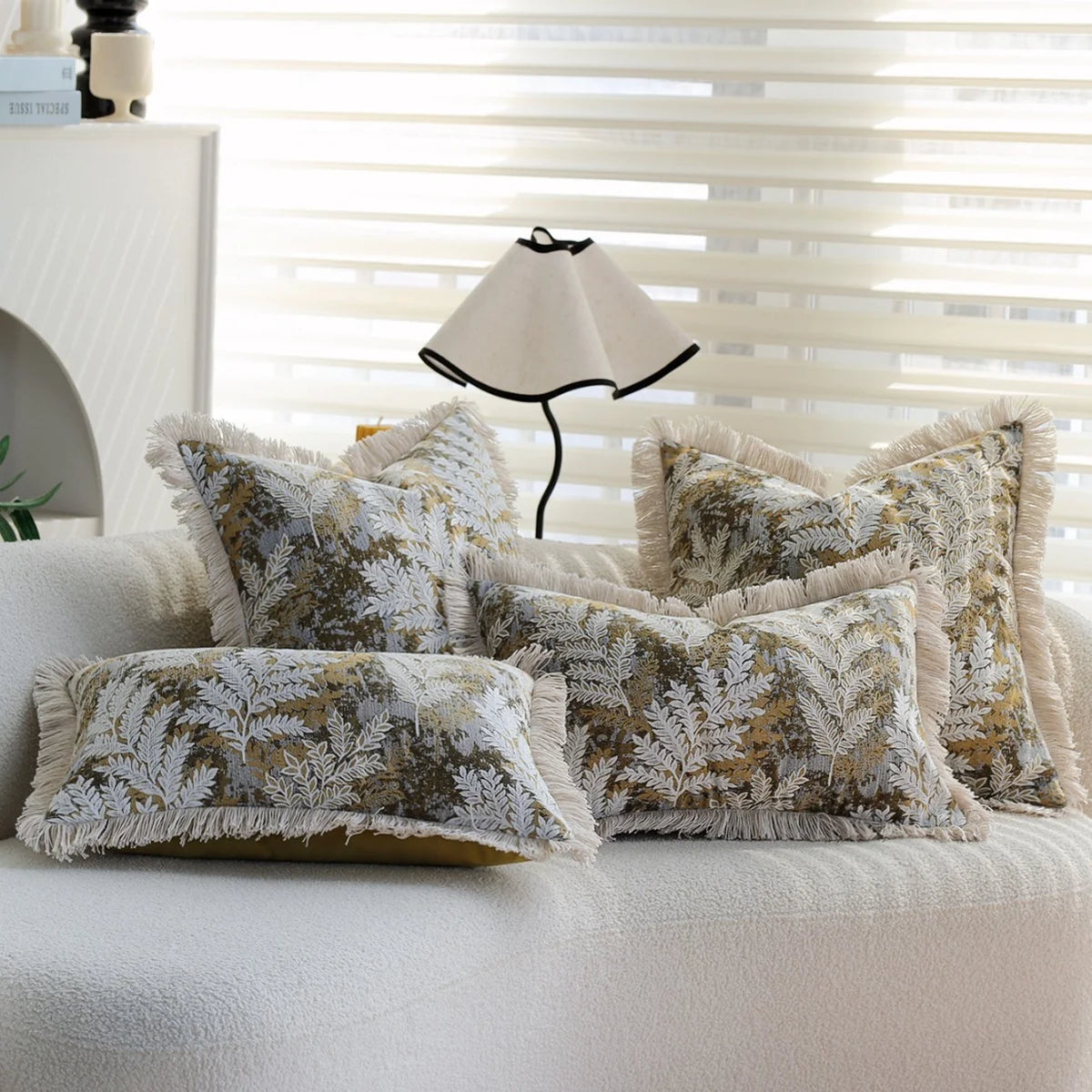 Cushion Cover Embroidered Jacquard Fern Velvet-Like & Fringed Edge