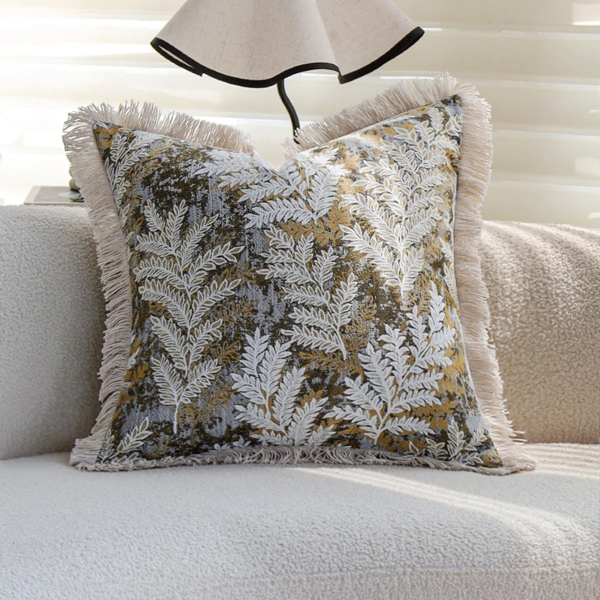Cushion Cover Embroidered Jacquard Fern Velvet-Like & Fringed Edge