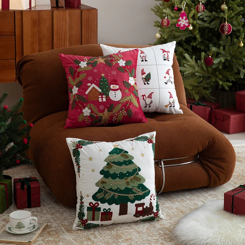 Cushion Cover Embroidered Reindeer & Floral Cotton-Linen 18x18