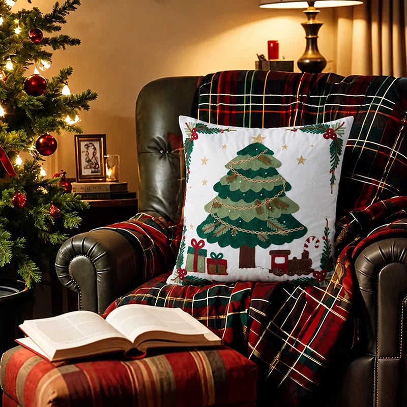 Cushion Cover Embroidered Reindeer & Floral Cotton-Linen 18x18
