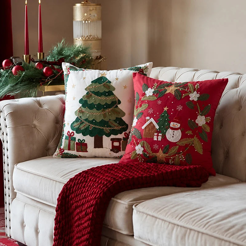 Cushion Cover Embroidered Reindeer & Floral Cotton-Linen 18x18