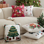 Cushion Cover Embroidered Reindeer & Floral Cotton-Linen 18x18