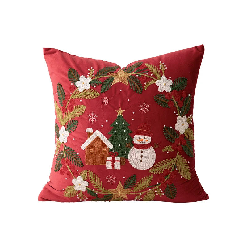 Cushion Cover Embroidered Reindeer & Floral Cotton-Linen 18x18