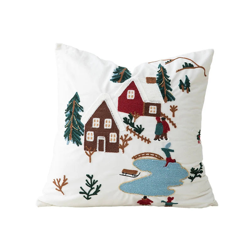 Cushion Cover Embroidered Reindeer & Floral Cotton-Linen 18x18