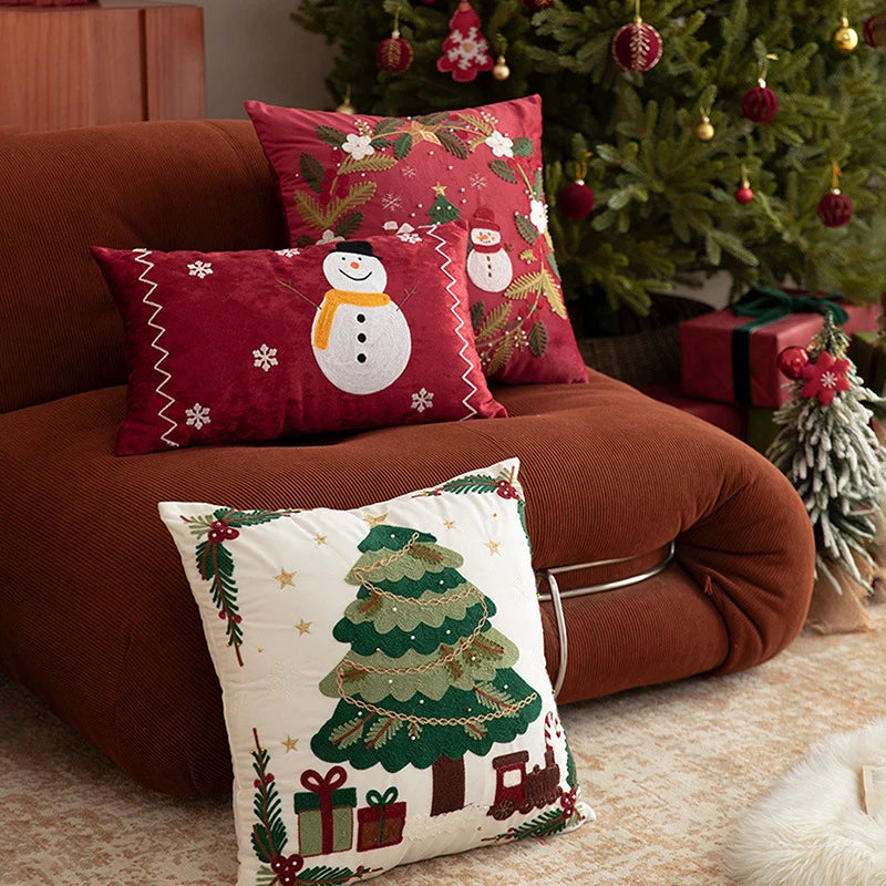 Cushion Cover Embroidered Winter Scene Cotton Blend Beads & Sequins