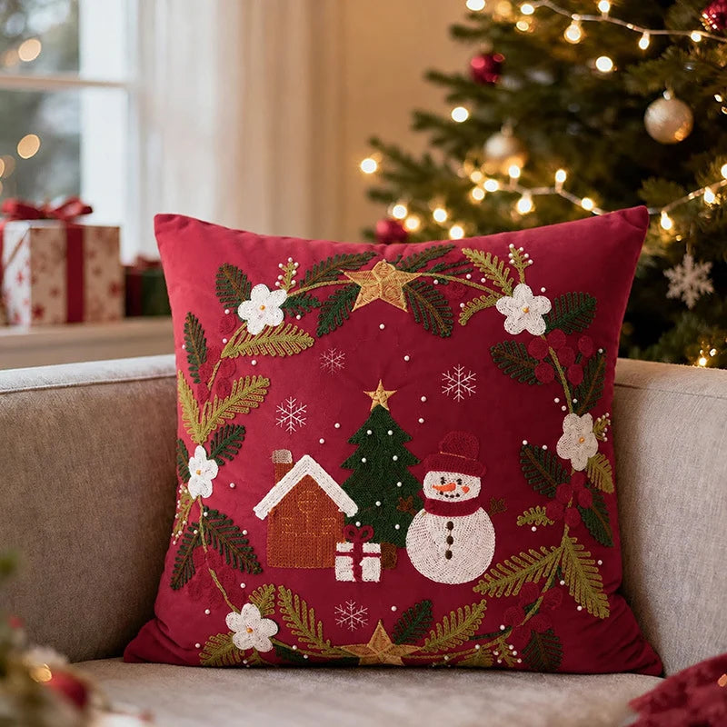 Cushion Cover Embroidered Winter Scene Cotton Blend Beads & Sequins