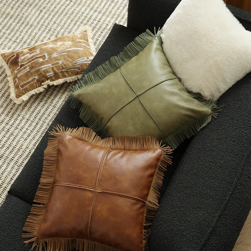 Cushion Cover Faux Leather Fringe Cross Stitch