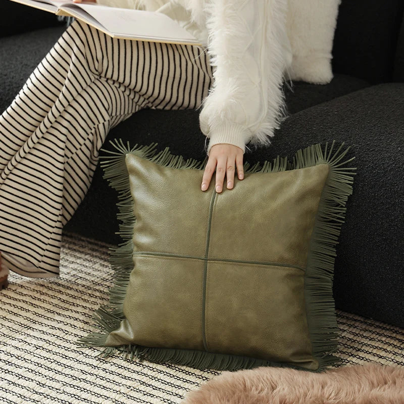 Cushion Cover Faux Leather Fringe Cross Stitch