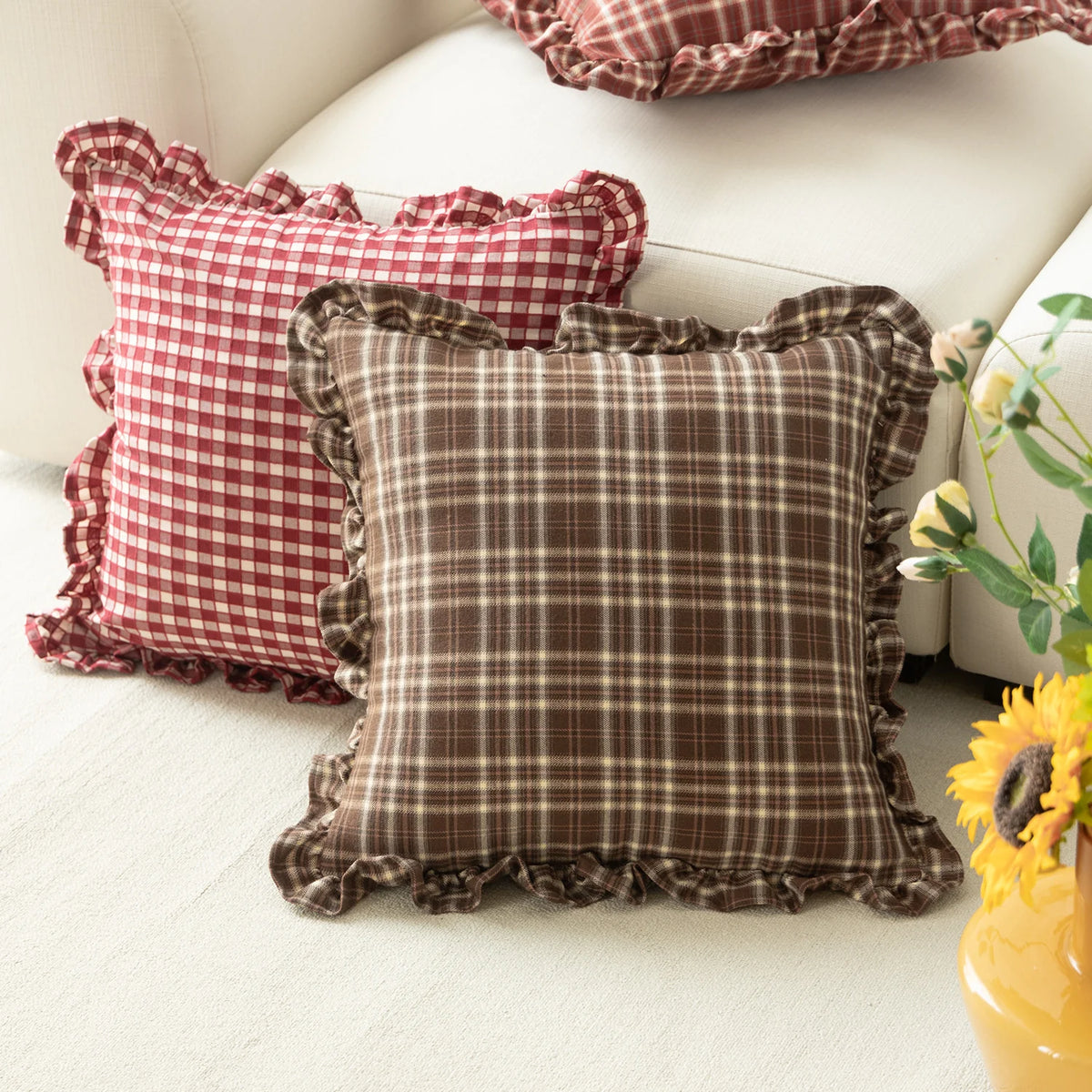 Cushion Cover Gingham Check Ruffle Trim Cotton Blend