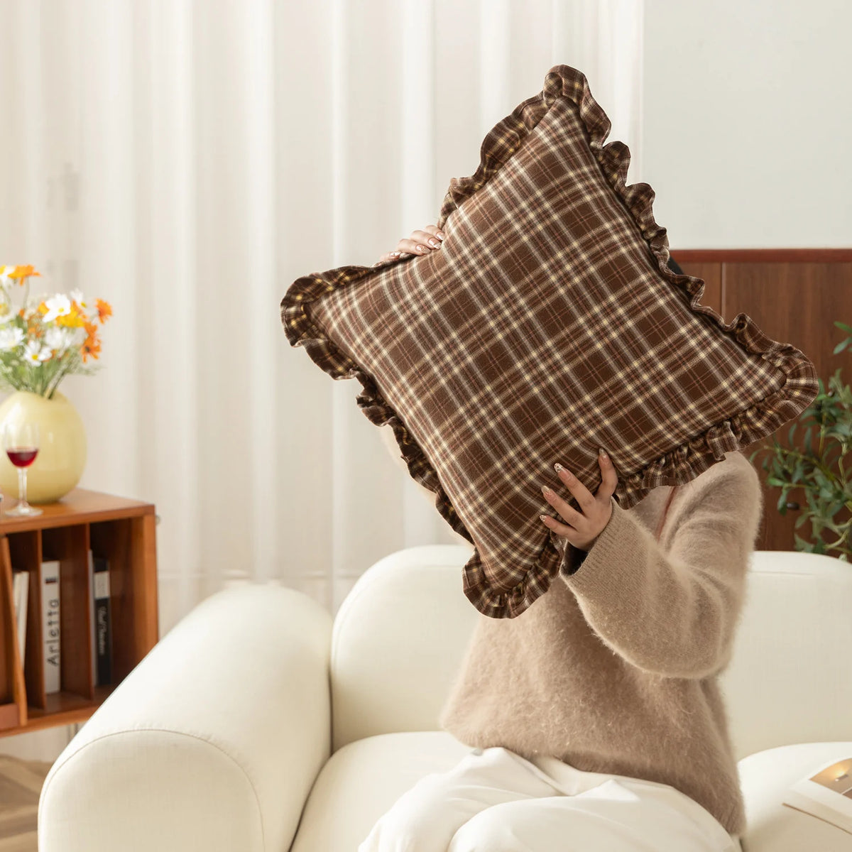 Cushion Cover Gingham Check Ruffle Trim Cotton Blend