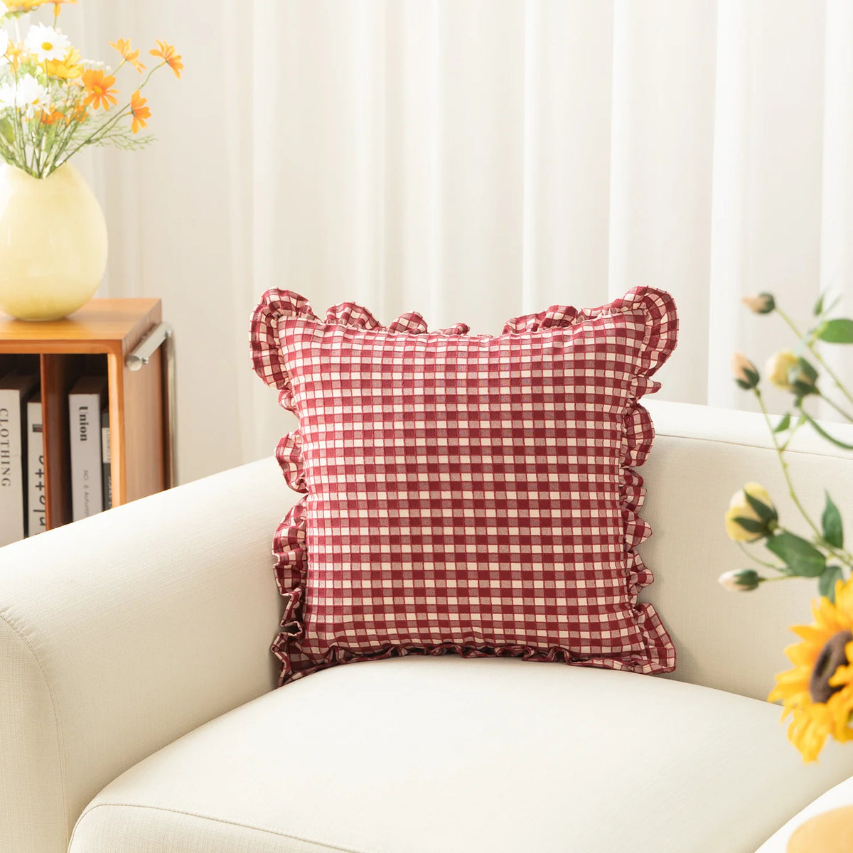 Cushion Cover Gingham Check Ruffle Trim Cotton Blend