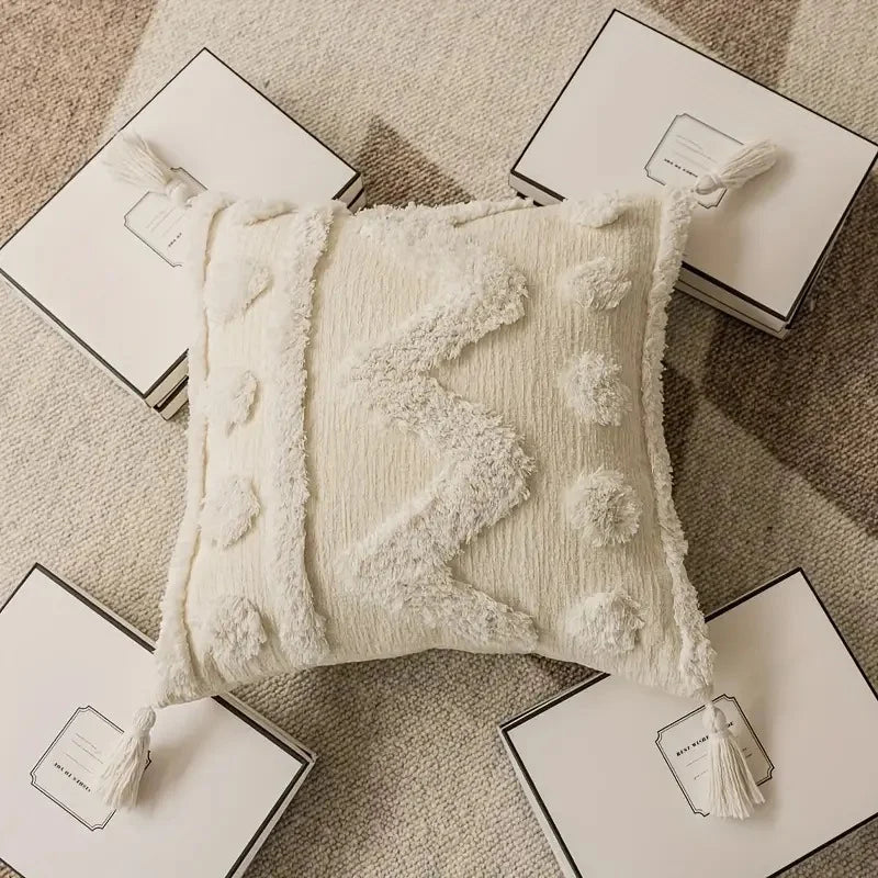 Cushion Cover Hand-Tufted Chevron Pom-Poms & Tassels Hidden Zipper
