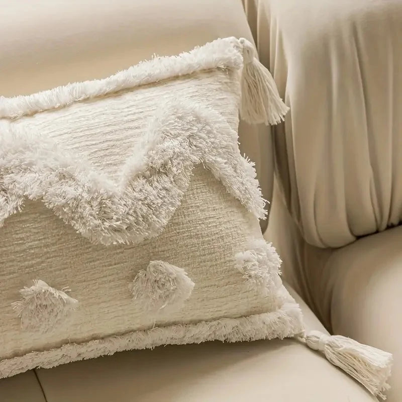 Cushion Cover Hand-Tufted Chevron Pom-Poms & Tassels Hidden Zipper