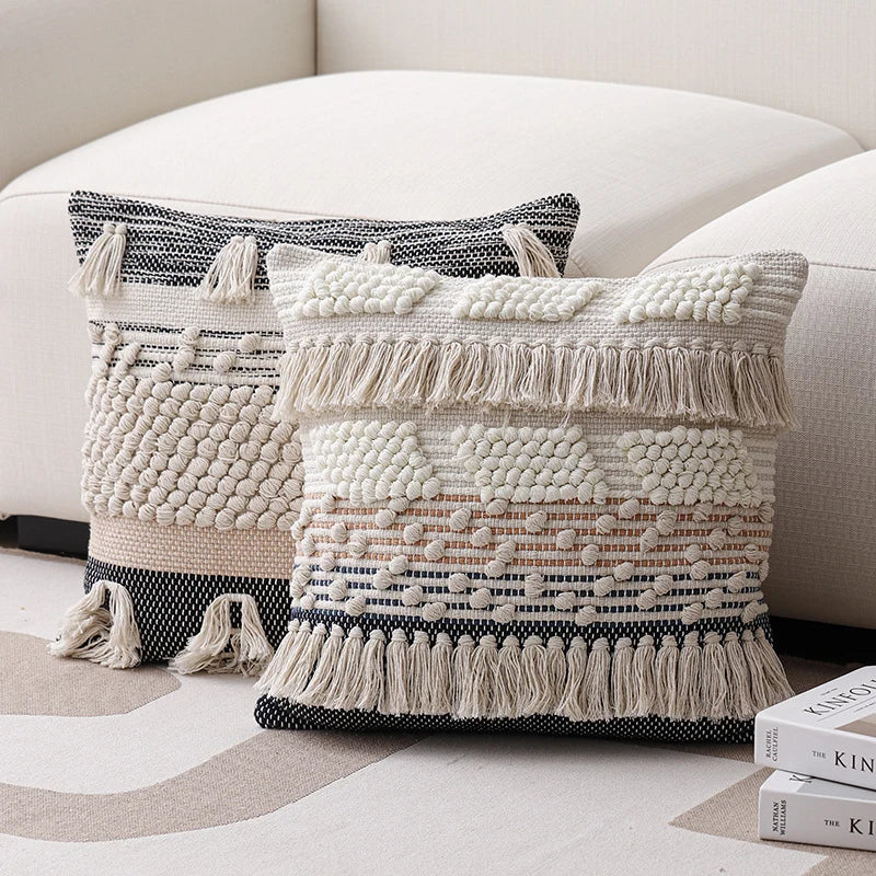 Cushion Cover Handwoven Bouclé Fringe Cotton Blend